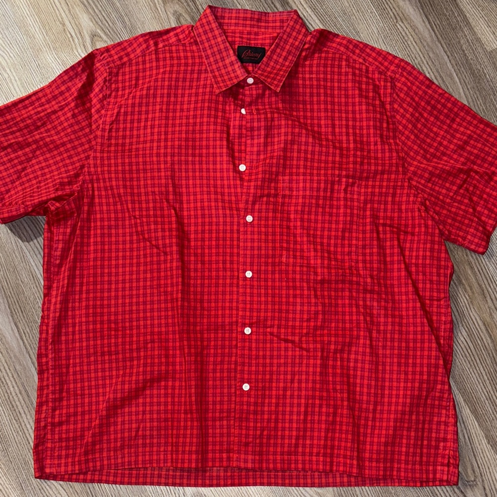 Brioni Men's Red Checkered Button Down Shirt
